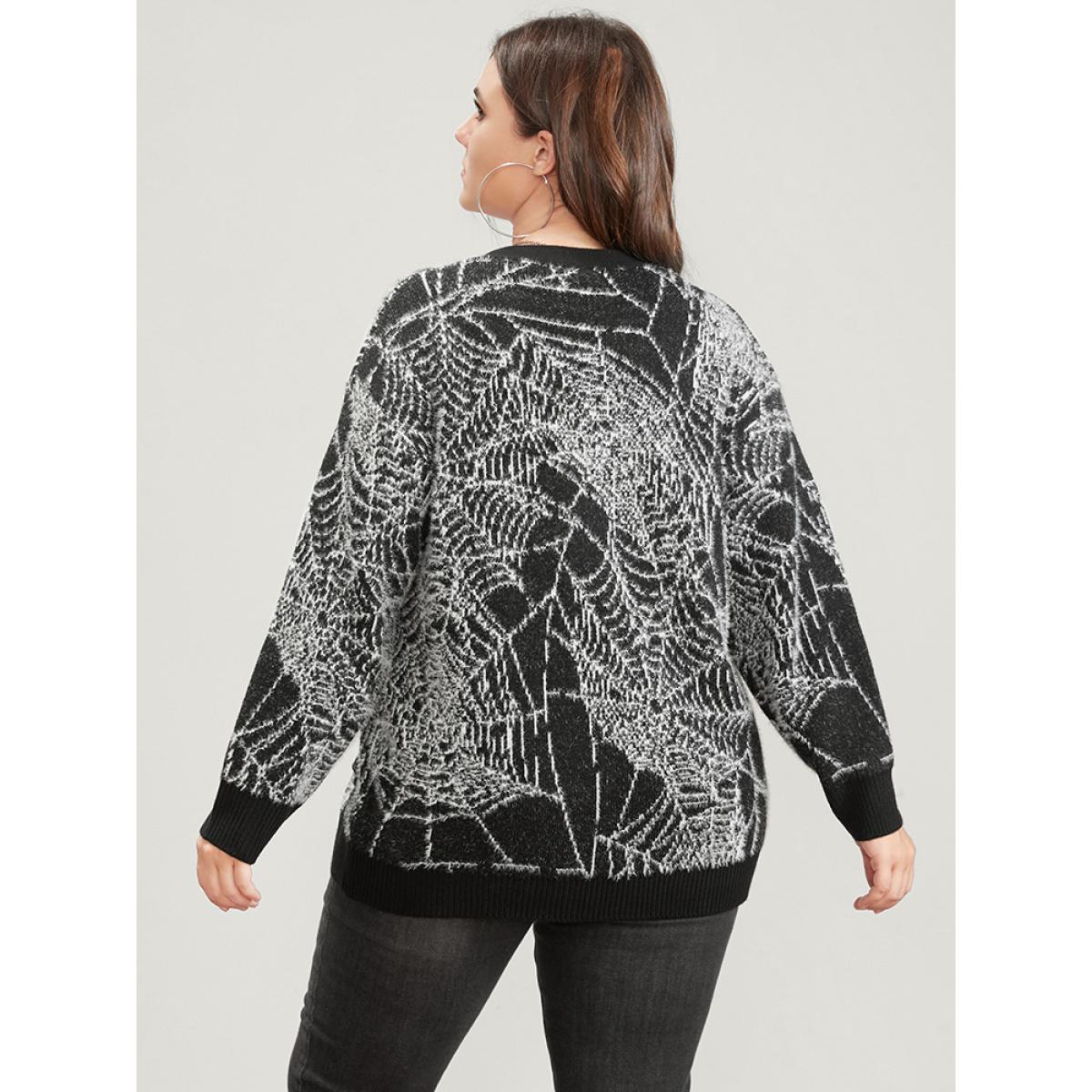 Plus Size Spider Web Plush Knit Pocket Button Front Cardigan BlackFlower Women Elegant Loose Long Sleeve Dailywear Cardigans BloomChic 26/4X Product Image