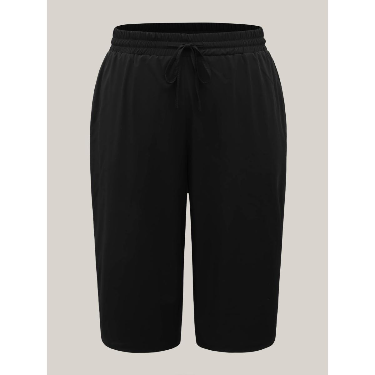 Plus Size Shirred Waist Tie Straight-Leg Crop Pants Women Black Leisure Straight Leg Mid Rise Casual Pants BloomChic 12/L Product Image