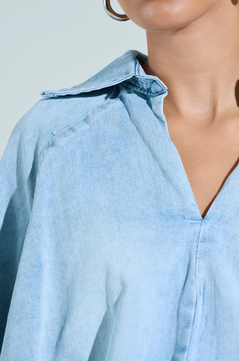 AMELIA DENIM HI LOW BLOUSE Product Image
