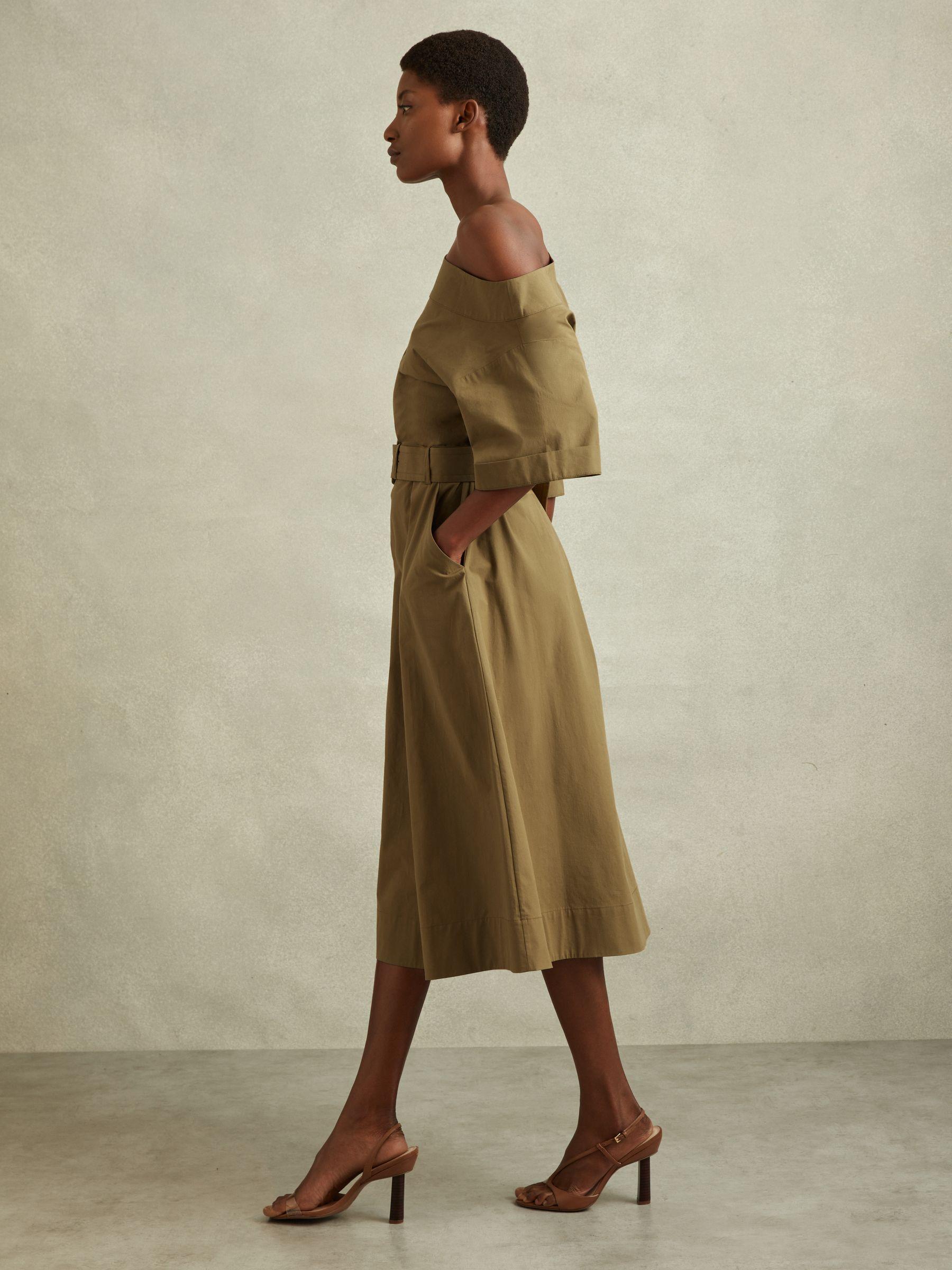 Off The Shoulder Belted Midi Dress in Khaki Product Image