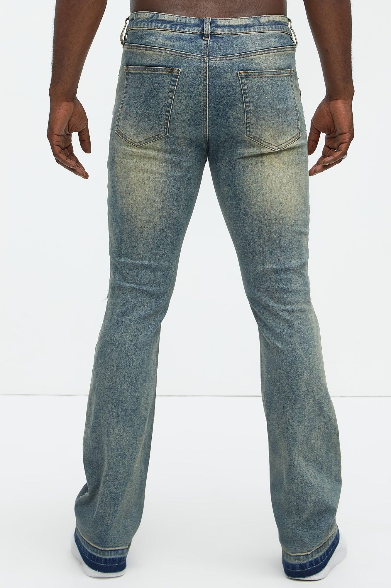 Flame Frayed Patch Stacked Skinny Flare Jeans - Vintage Blue Wash Product Image