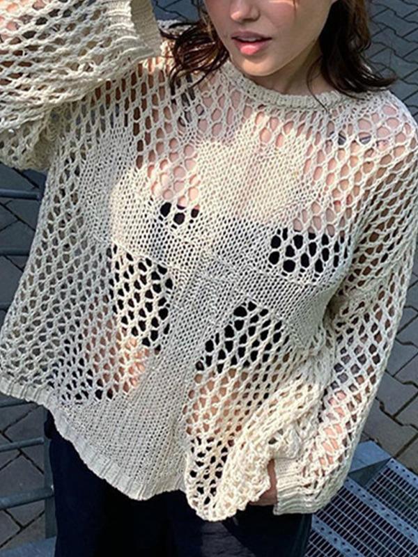 Cross Pattern Crochet Hollow Long Sleeve Knit Top Product Image