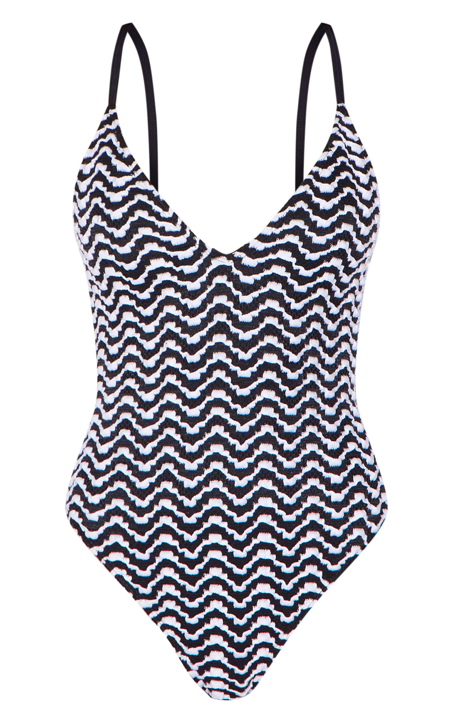 Black and White Monochrome Textured Plunge High Leg Swimsuit Product Image