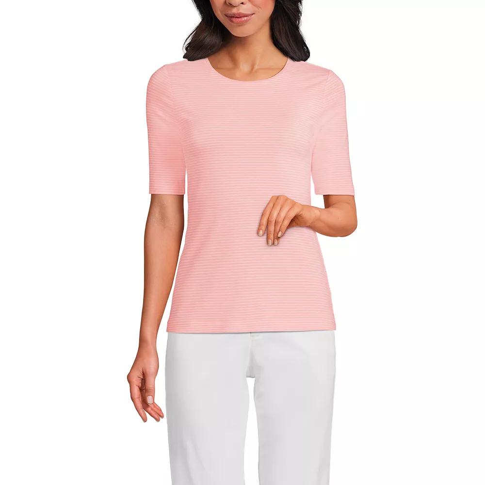 Women's Lands' End Elbow Sleeve Lightweight Cotton Modal Crew Neck Tee, Size: XL, Pink Pink Stripe Product Image