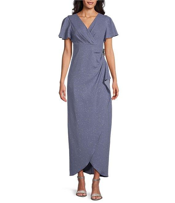 Ignite Evenings Short Flutter Sleeve V-Neck Glitter Knit Empire Embellished Waist Faux Wrap Maxi Dress Product Image