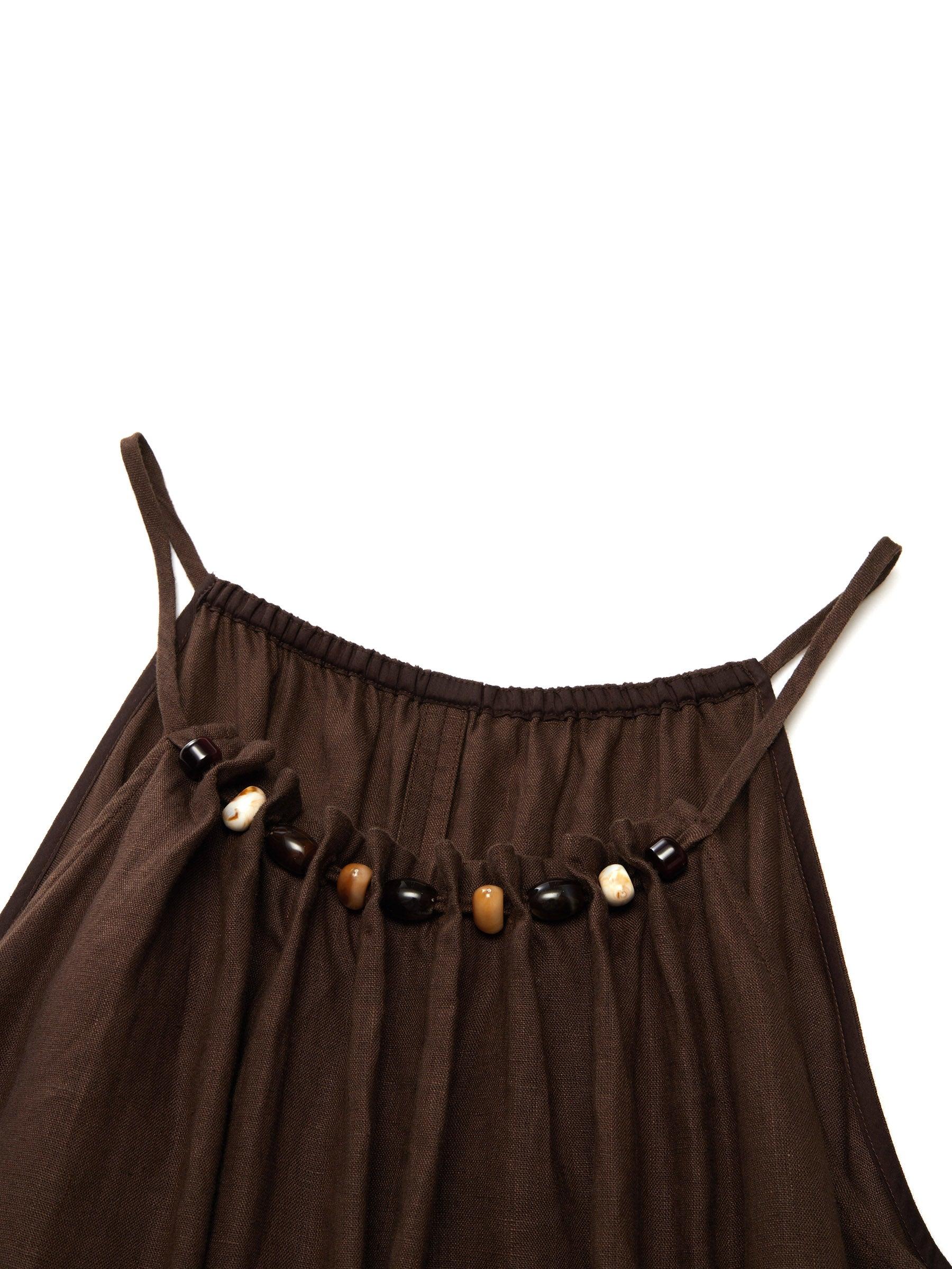 100% Linen Beaded Neck Women Strap Maxi Dress With Tie String Belt Product Image