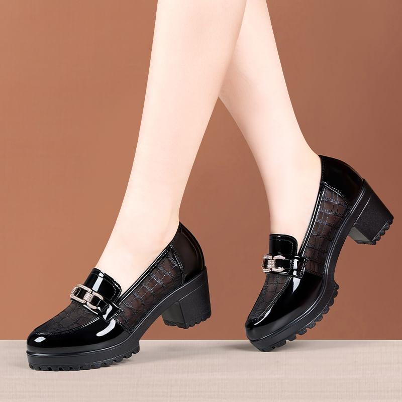 Platform Patent Leather Panel Mesh Block Heel Loafers Product Image