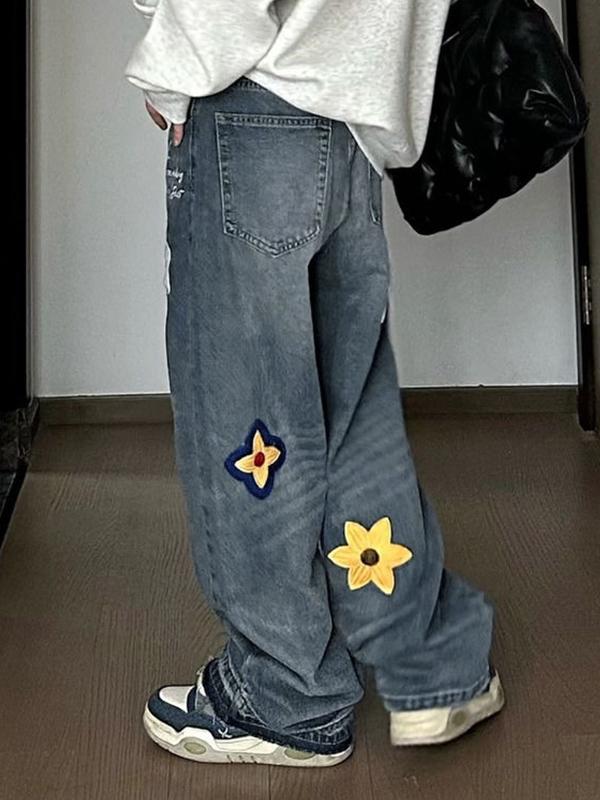Vintage Flower Embroidered Print Boyfriend Jeans Product Image