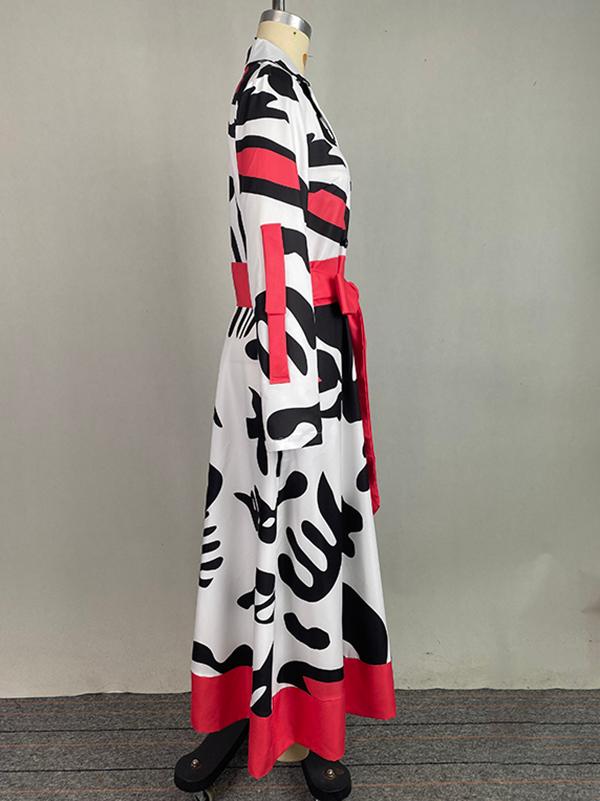 A-Line Long Sleeves Buttoned Contrast Color Tied Waist Notched Collar Maxi Dresses Shirt Dress Product Image