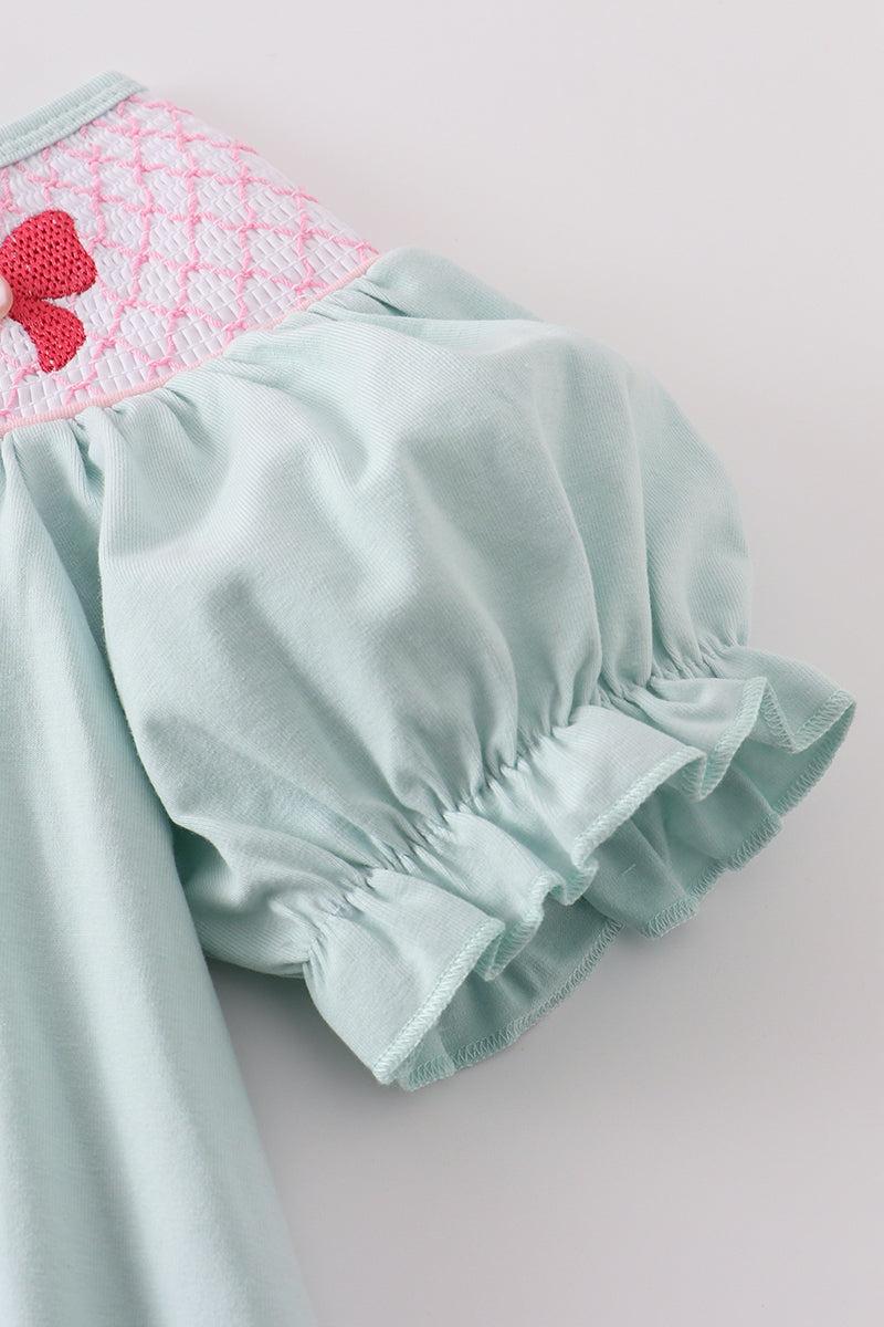 Blue bow pearl smocked dress Product Image