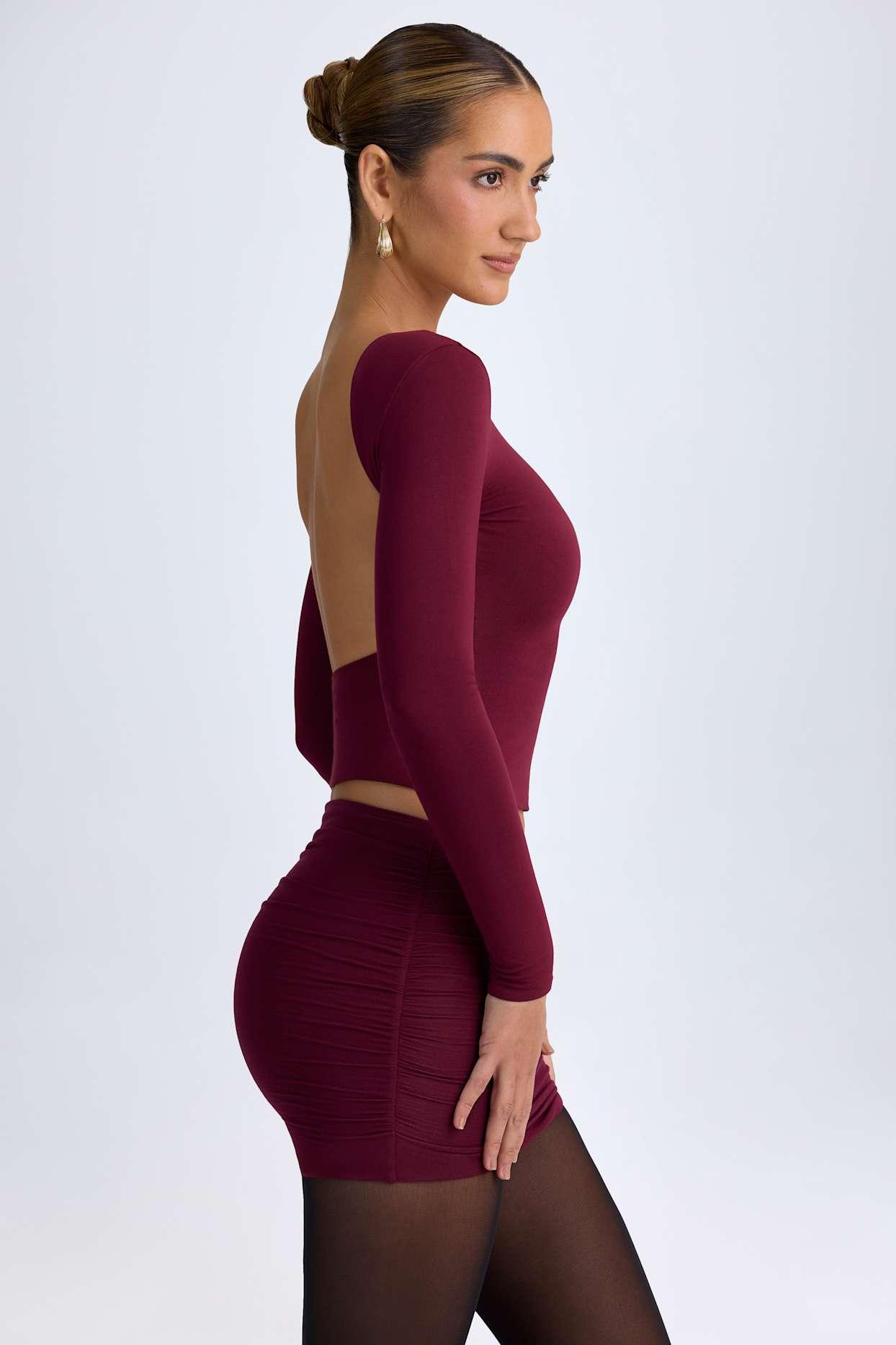 Modal High Neck Long Sleeve Open Back Top in Wine Red Product Image