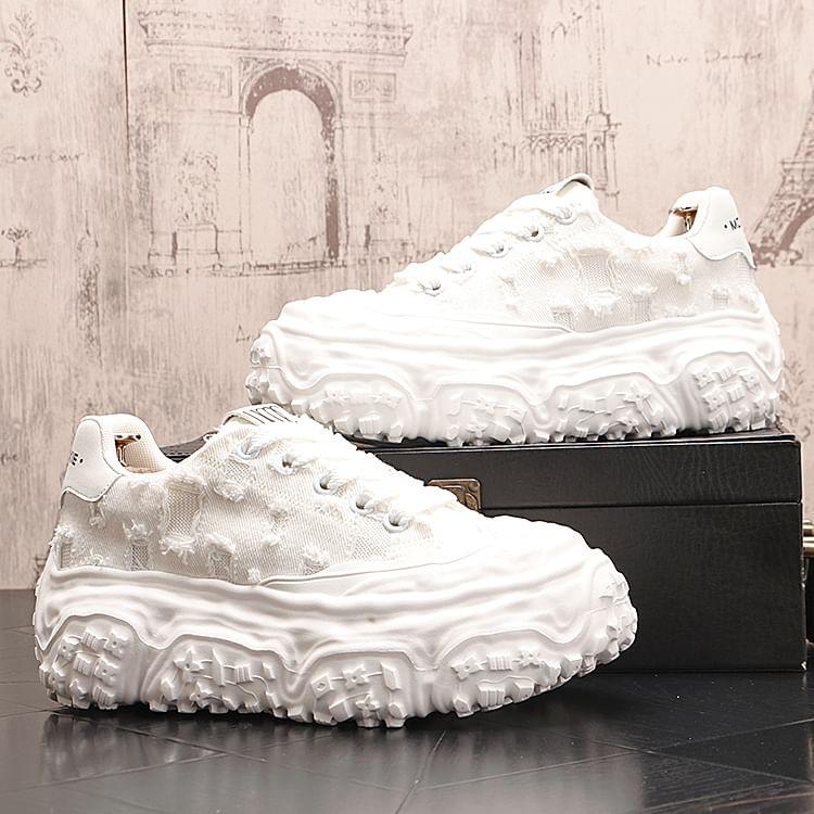 Platform Distressed Lace-Up Canvas Sneakers Product Image