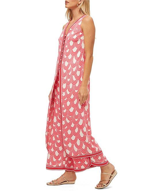 Trina Turk Woven Printed V-Neck Sleeveless Button Front Slice Tunic Product Image