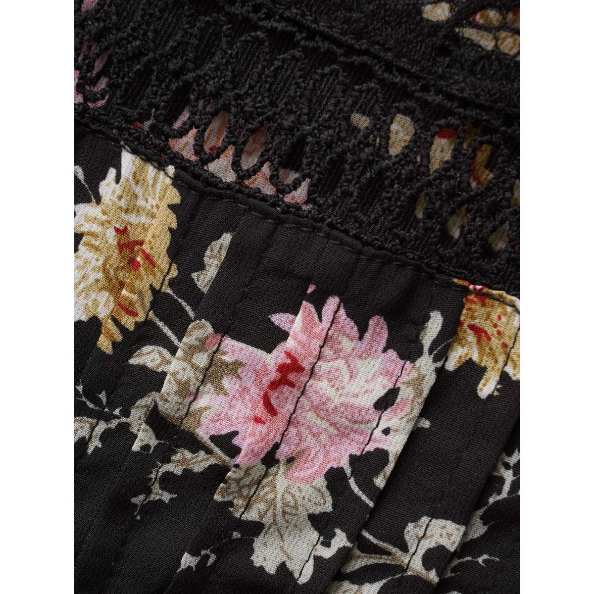 Plus Size Black Floral Lace Panel Lantern Sleeve Blouse Women Elegant Long Sleeve Round Neck Everyday Blouses BloomChic 28/5X Product Image