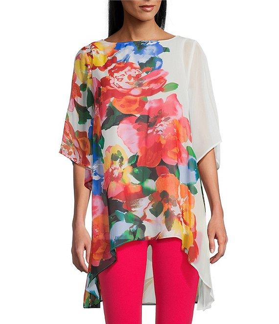 Slim Factor by Investments Multi Fragrant Floral Print Boat Neck 3/4 Sleeve Lined Tunic Product Image