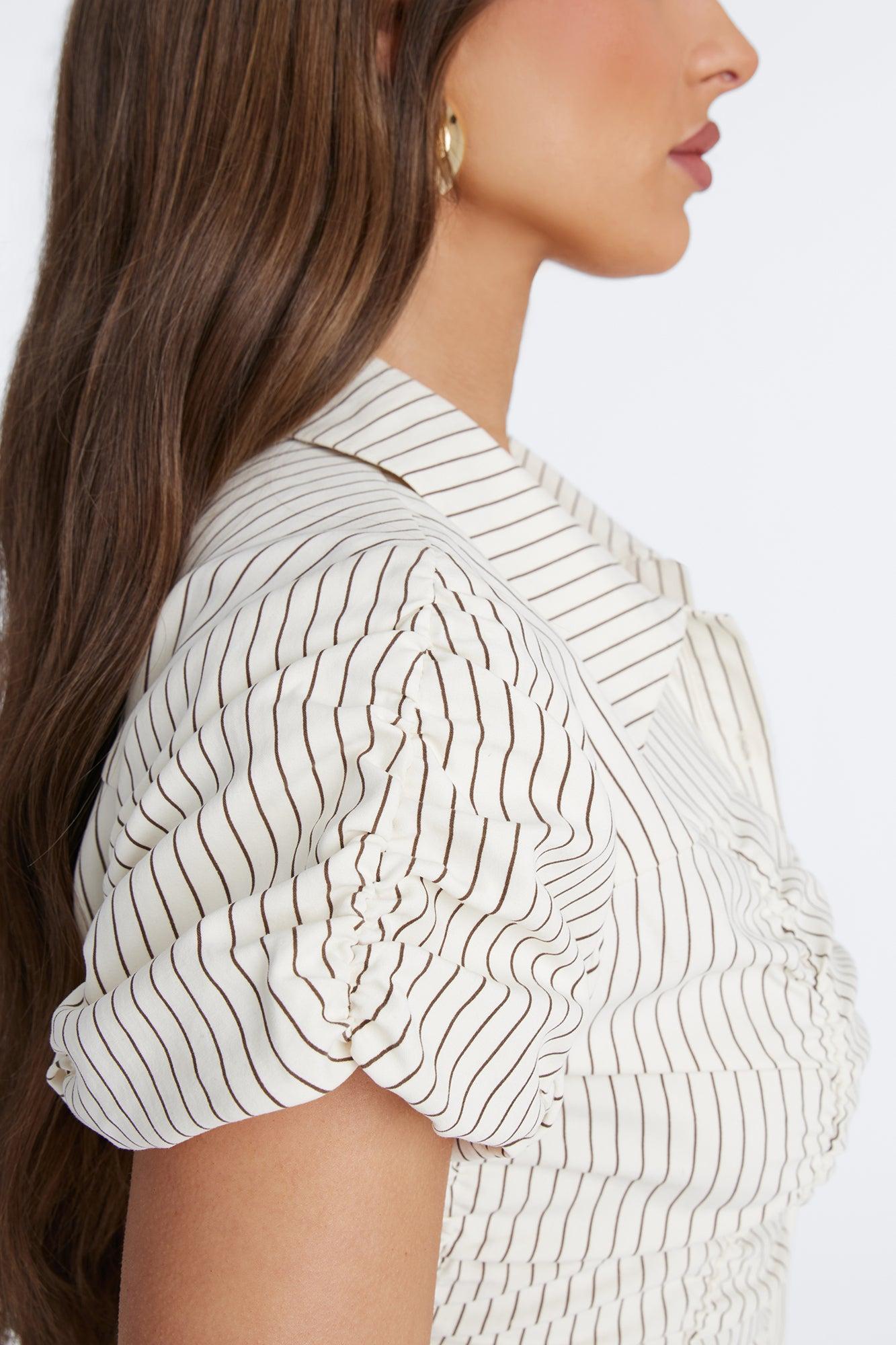Streetwear Sweetness Ruched Pinstripe Top - Cream/combo Female Product Image