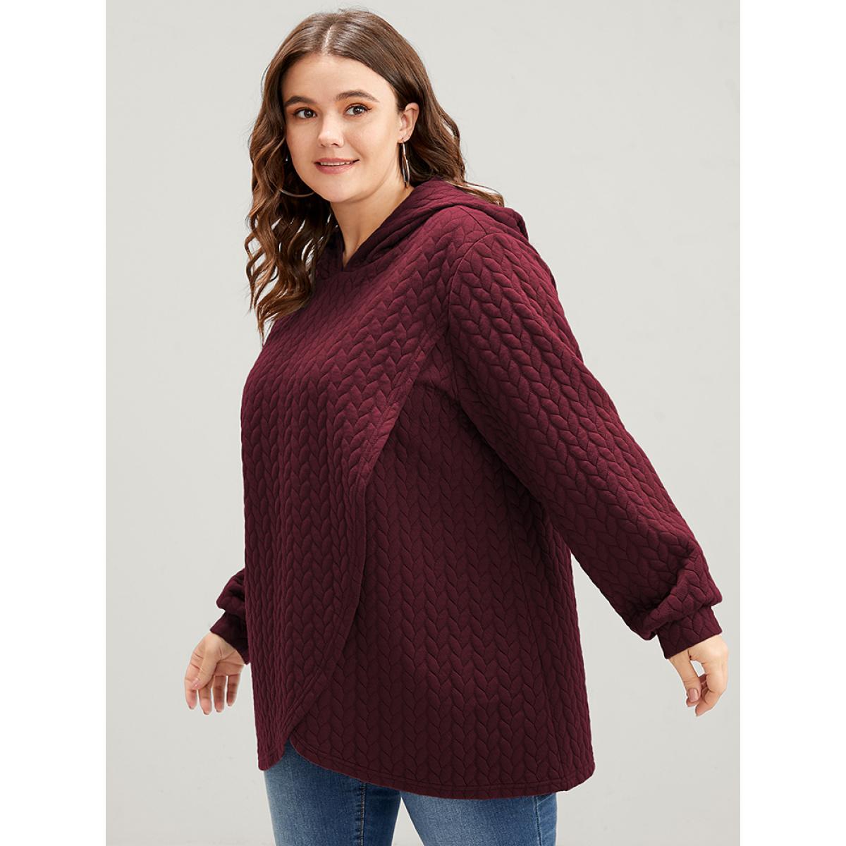 Plus Size Solid Asymmetrical Hem Cable Knit Hooded Sweatshirt Women Scarlet Lounge Asymmetrical Hooded Everyday Sweatshirts BloomChic 28/5X Product Image