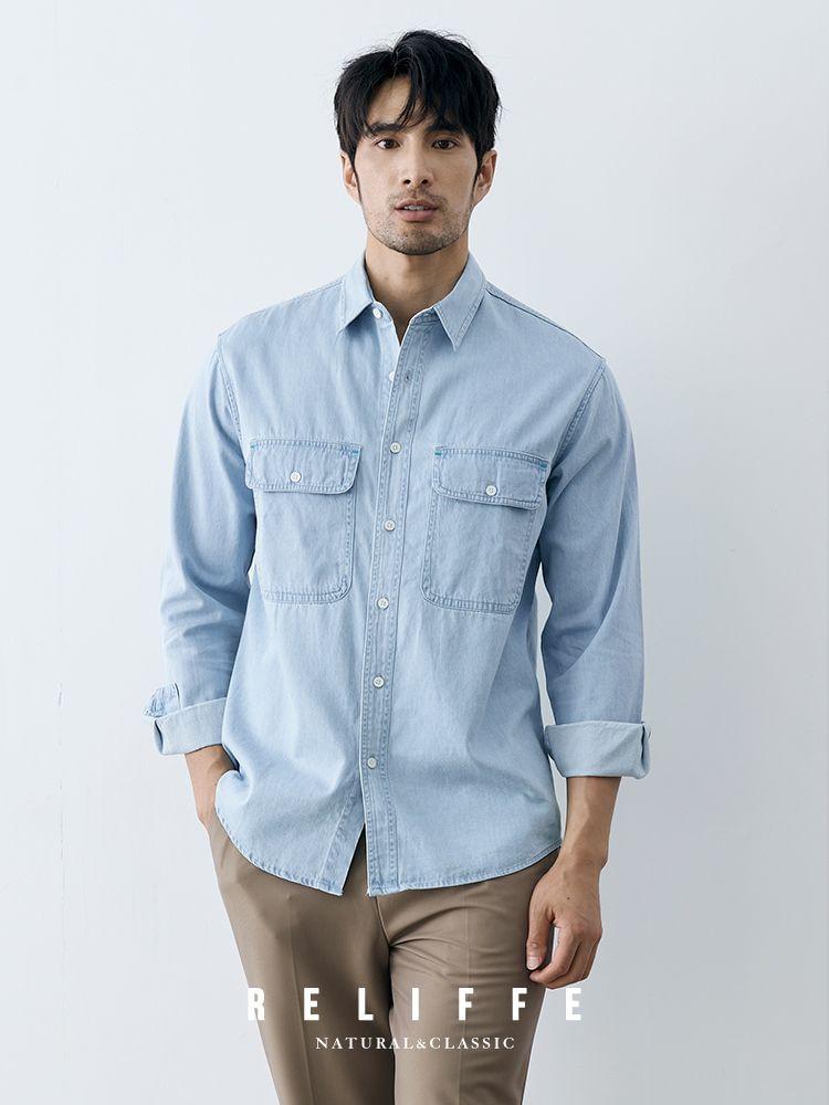 Long Sleeve Collared Denim Cargo Shirt Product Image