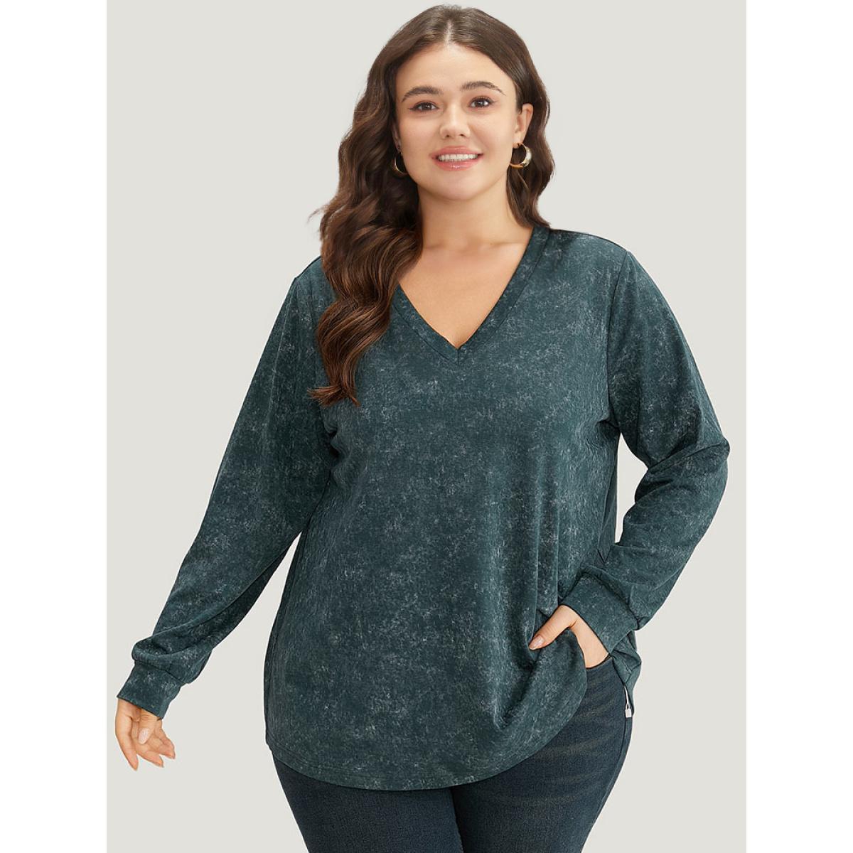Plus Size Solid Vintage V Neck Sweatshirt Women Cyan Casual Plain V-neck Dailywear Sweatshirts BloomChic 12/L Product Image