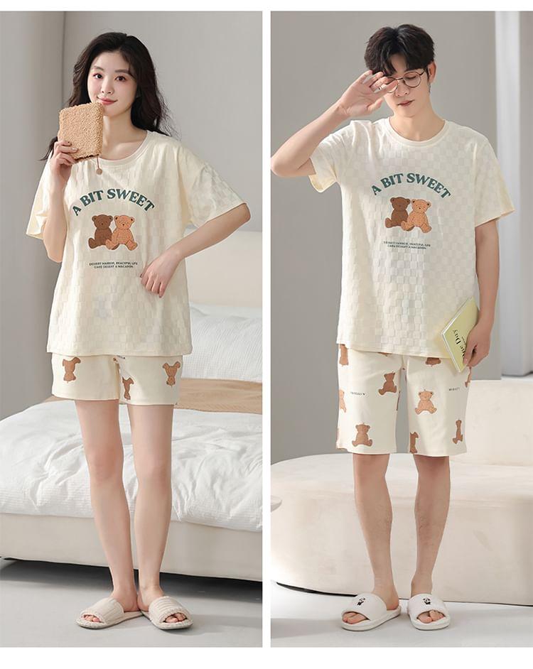 Couple Matching Pajama Set: Short-Sleeve Bear Print T-Shirt + Shorts Product Image