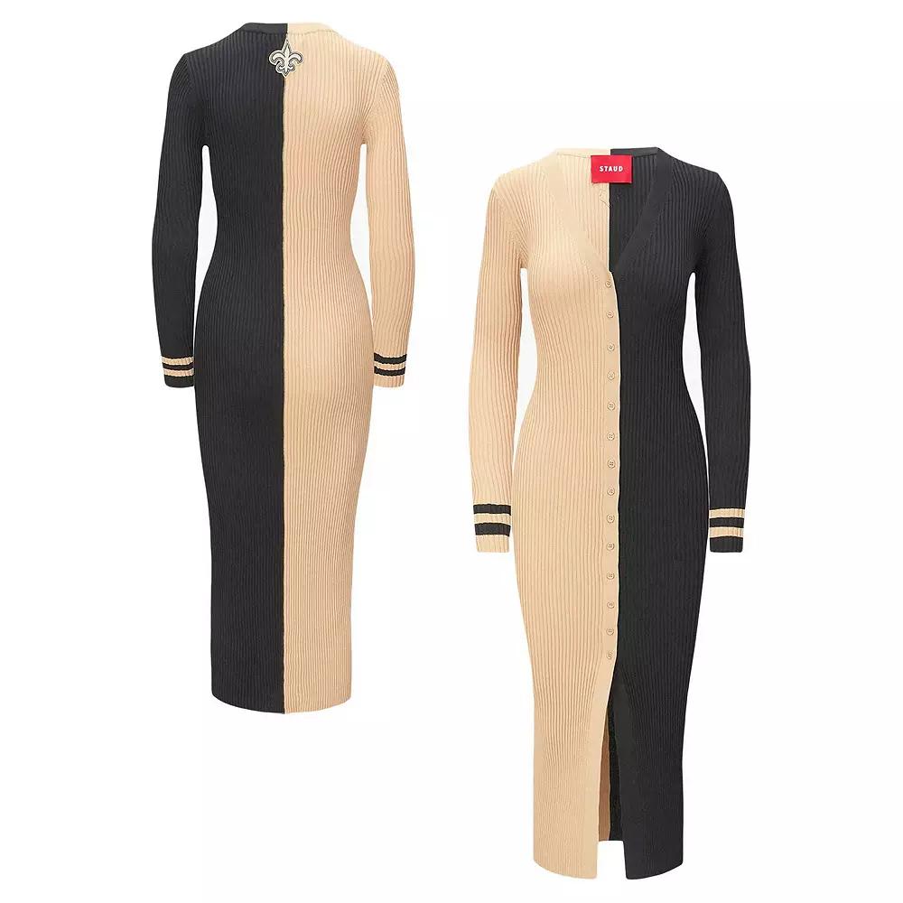 Women's STAUD Gold/Black New Orleans Saints Shoko Knit Button-Up Sweater Dress, Size: Medium Product Image