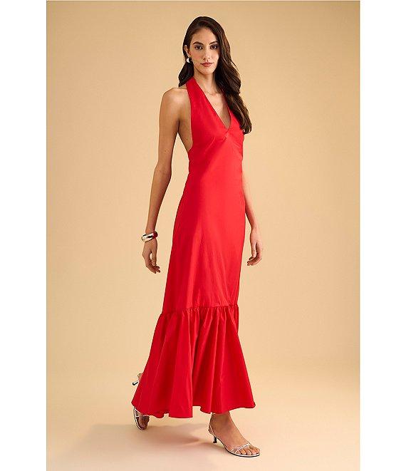 1. STATE Halter V Neck Sleeveless Maxi Sheath Dress Product Image