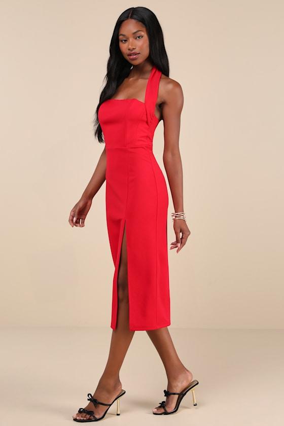 Irresistible Silhouette Red Backless Bustier Halter Midi Dress Product Image