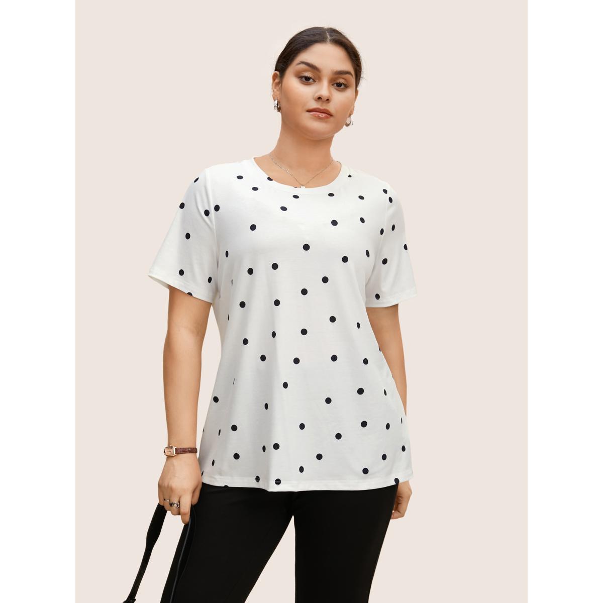 Plus Size Round Neck Polka Dot Contrast T-shirt Originalwhite Women At the Office Contrast Round Neck Work T-shirts BloomChic 10/M Product Image