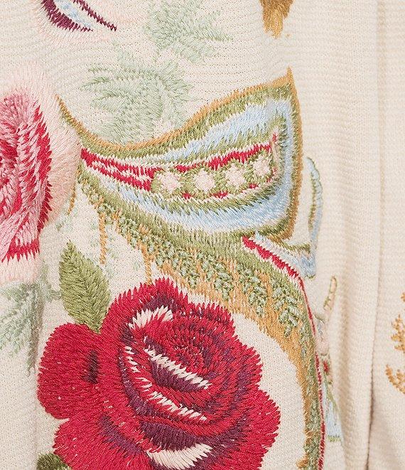 JOHNNY WAS Biya Floral Embroidered Textured Knit Shawl Collar Long Sleeve Open-Front Long Cardigan Product Image