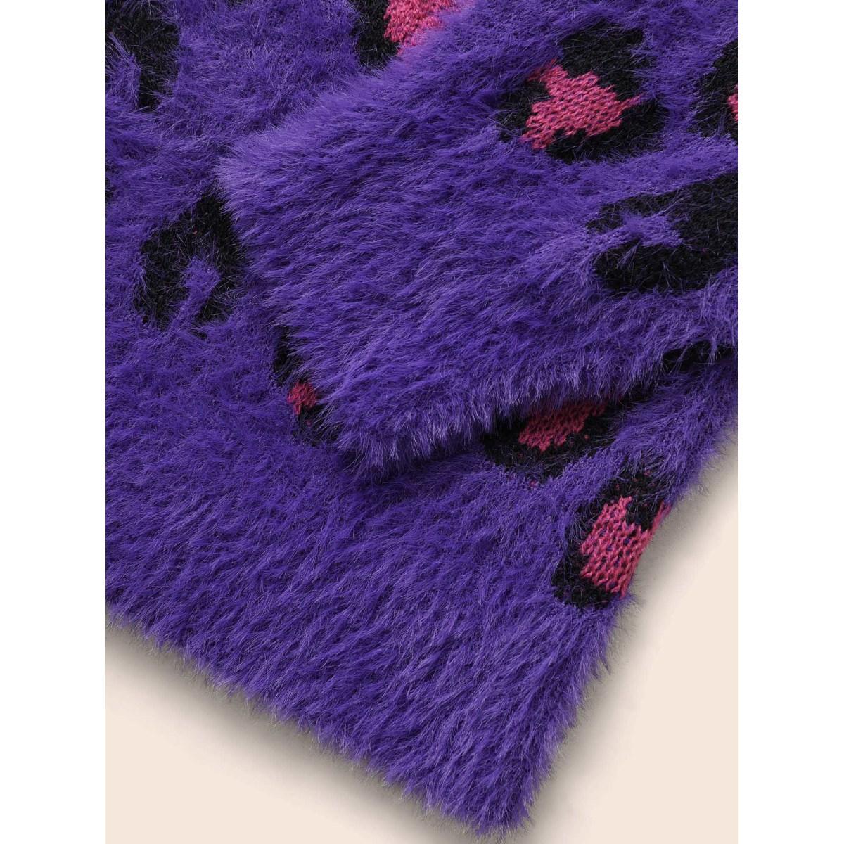 Plus Size Leopard Print Fluffy Patch Pocket Cardigan Deeppurple Women Casual Loose Long Sleeve Everyday Cardigans BloomChic 14-16/1X Product Image