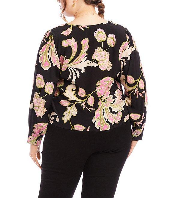 Karen Kane Plus Size Woven Floral Surplice V-Neck Long Sleeve Layered Drape Front Coordinating Blouse Product Image