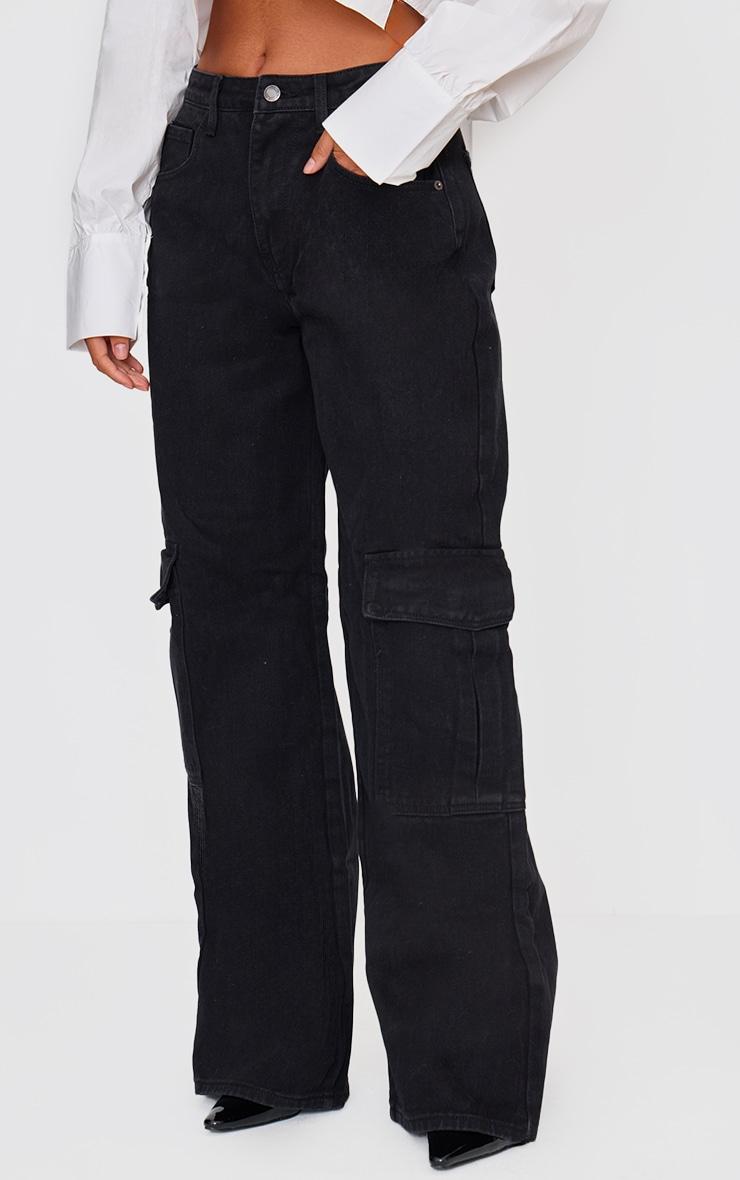 Washed Black Cargo Side Pocket Wide Leg Jeans Product Image