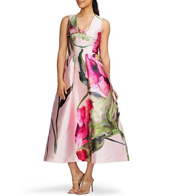 Kay Unger Vneck Sleeveless Floral Placement Print Fit & Flare Midi Dress Product Image