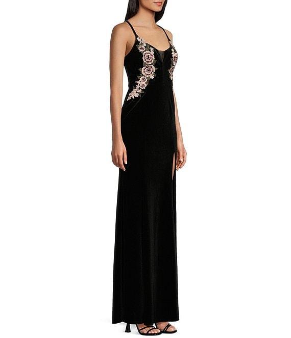 Pear Culture Spaghetti Strap Embellished Side Slit Velvet Long Dress Product Image