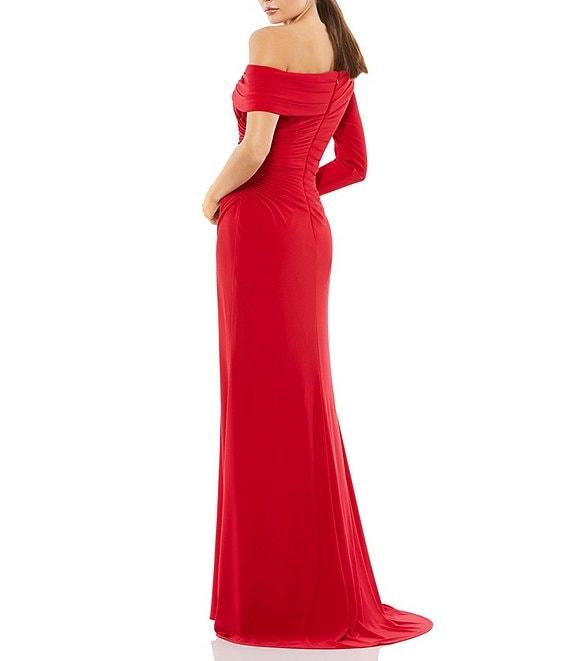 Mac Duggal Asymmetric One Shoulder Long Sleeve Ruched Jersey Gown Product Image