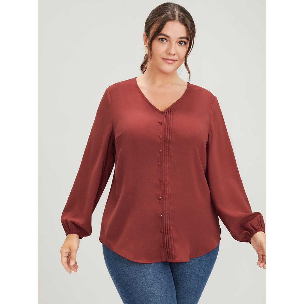 Plus Size Russet Solid Pleated Lantern Sleeve Btton Front Blouse Women Office Long Sleeve V-neck Work Blouses BloomChic 12/L Product Image