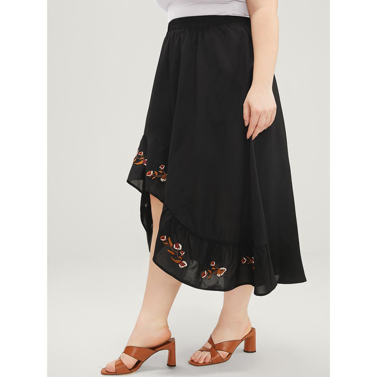Plus Size Floral Embroidered Pocket Asymmetrical Hem Skirt Women Black Vacation Embroidered Loose No stretch Pocket Dailywear Skirts BloomChic 30/6X Product Image