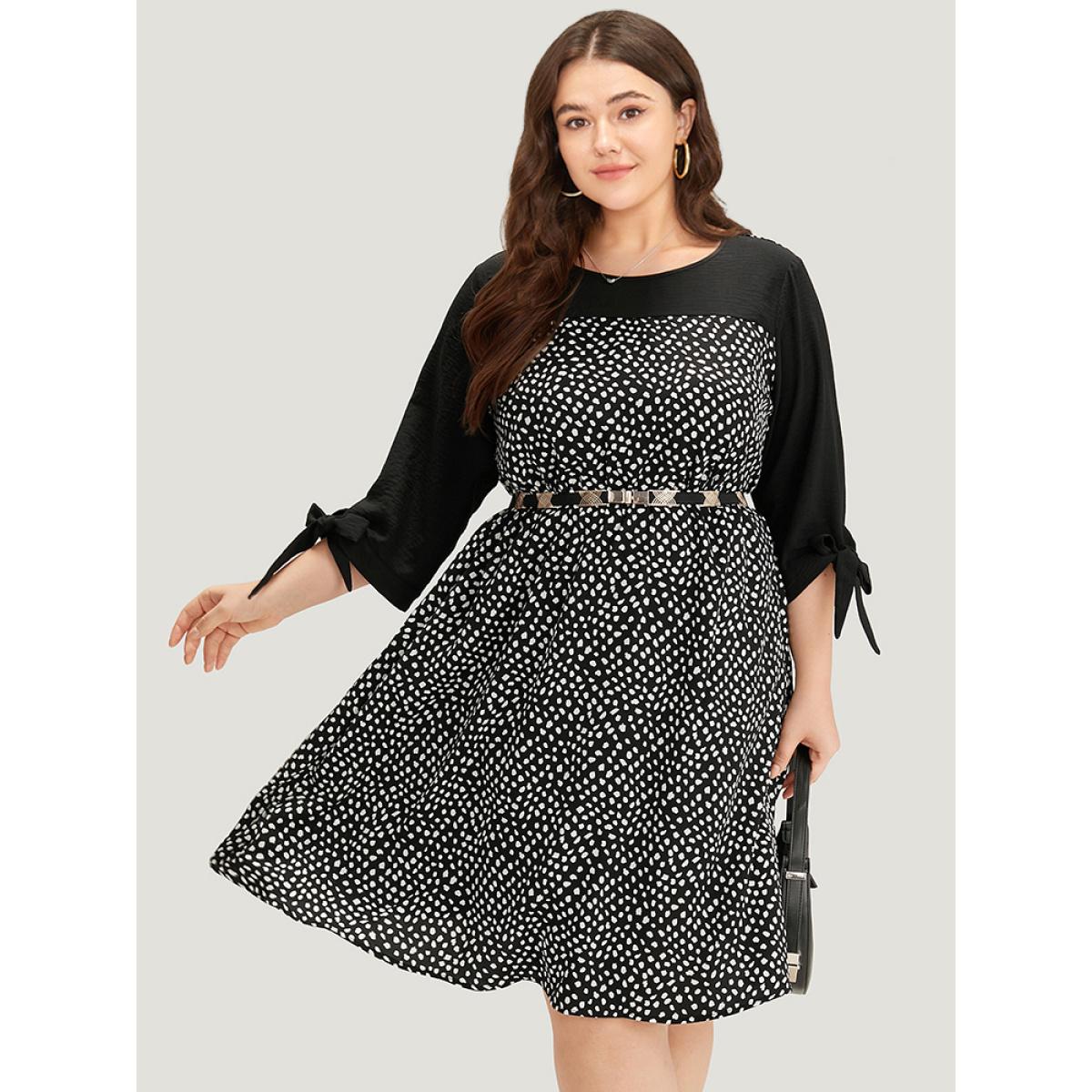 Plus Size Geometric Graphic Patchwork Knot Cuffs Dress Black Women Office Cross straps Round Neck Elbow-length sleeve Curvy Midi Dress BloomChic 26/4X Product Image
