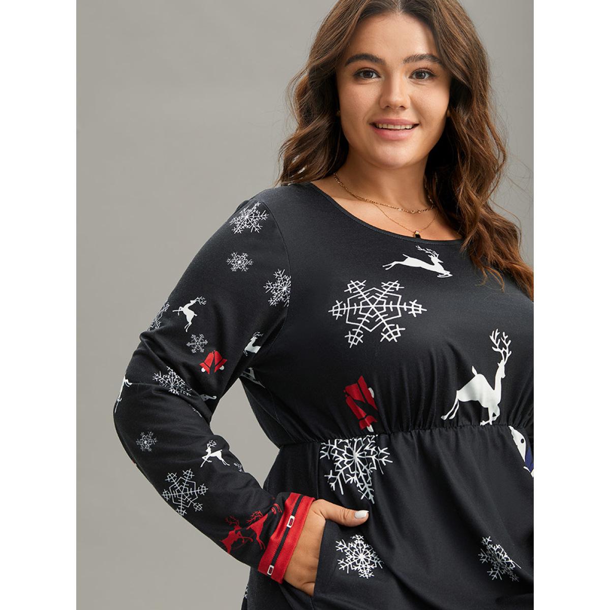 Plus Size Christmas Elk Print Contrast Elastic Waist Dress Black Women Office Printed Round Neck Long Sleeve Curvy Midi Dress BloomChic 26/4X Product Image