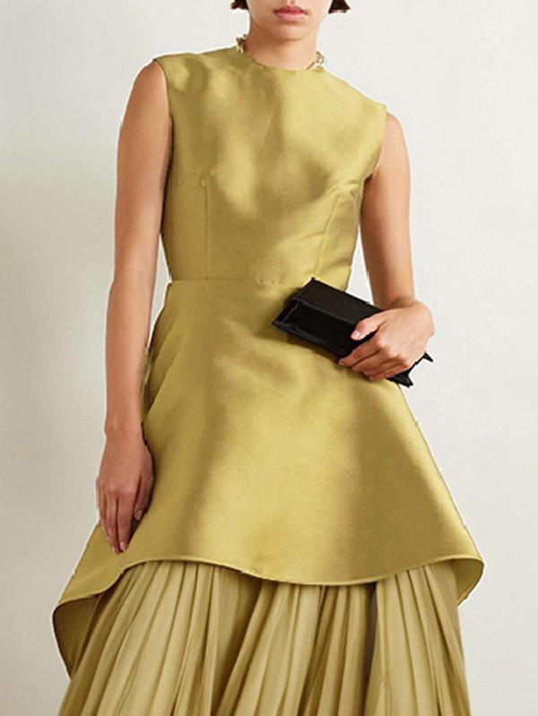 A-Line Loose Pleated Solid Color Split-Joint Tiered Round-Neck Evening Dresses Maxi Dresses Product Image