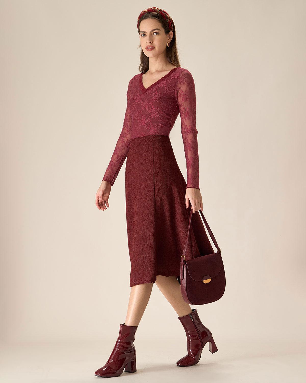 Red Floral V-Neck See-Through Lace Tee Product Image