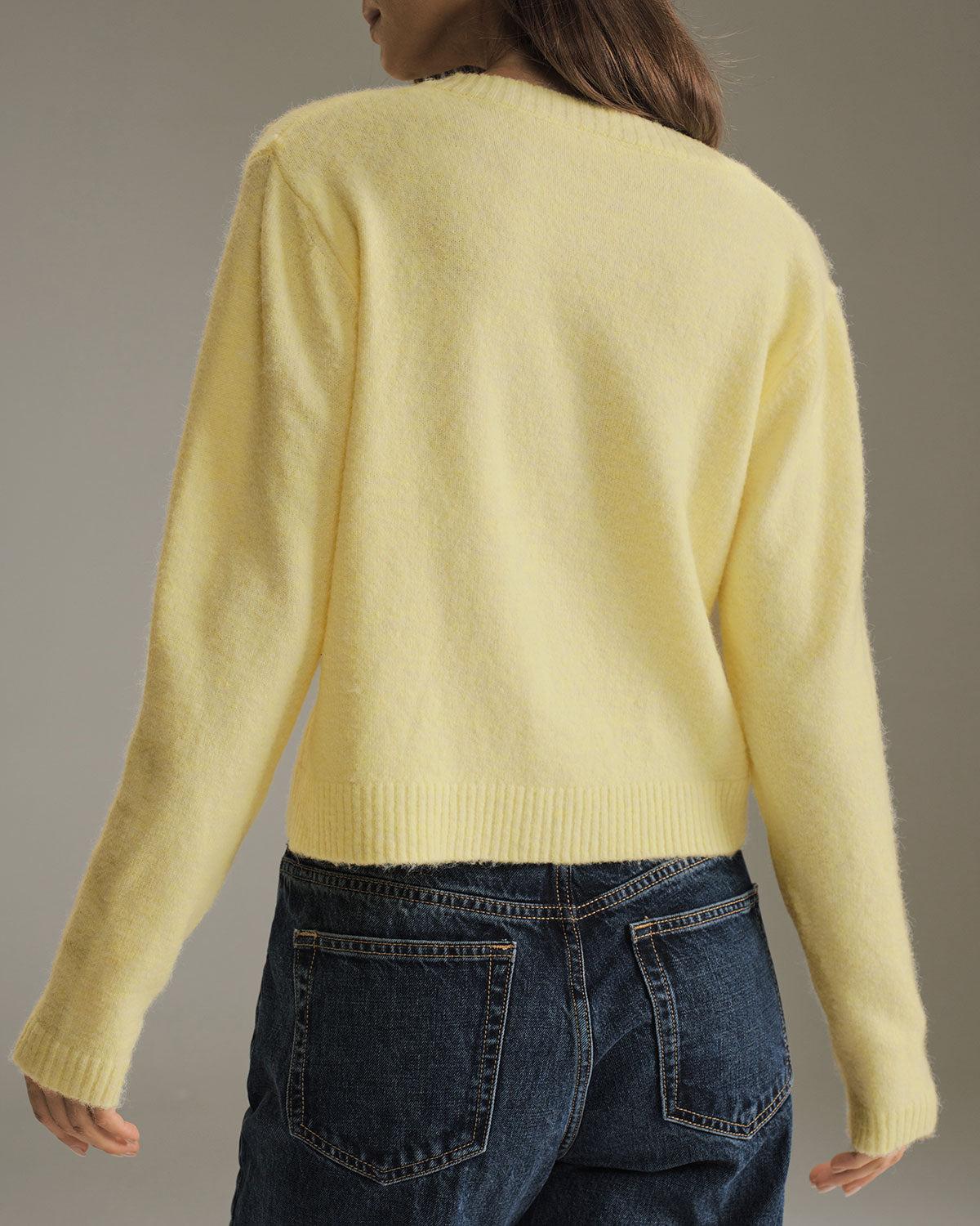 Yellow Round Neck Knit Cardigan Product Image