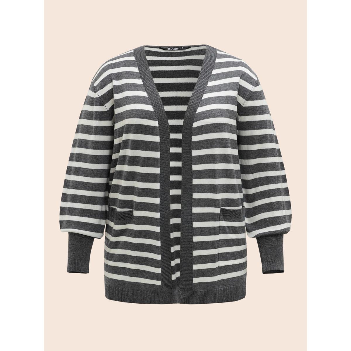 Plus Size Striped Lantern Sleeve Patched Pocket Cardigan DimGray Women Casual Loose Long Sleeve Everyday Cardigans BloomChic 22-24/3X Product Image