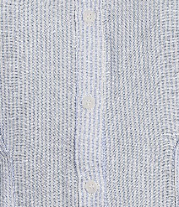 Moa Moa Linen Striped Point Collar Short Sleeve Button Front Cinched Top Product Image