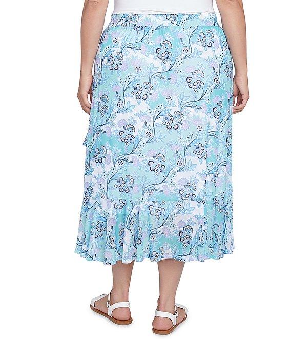 Ruby Rd. Plus Size Floral Mesh Asymmetrical Ruffle Hem Pull-On Skirt Product Image
