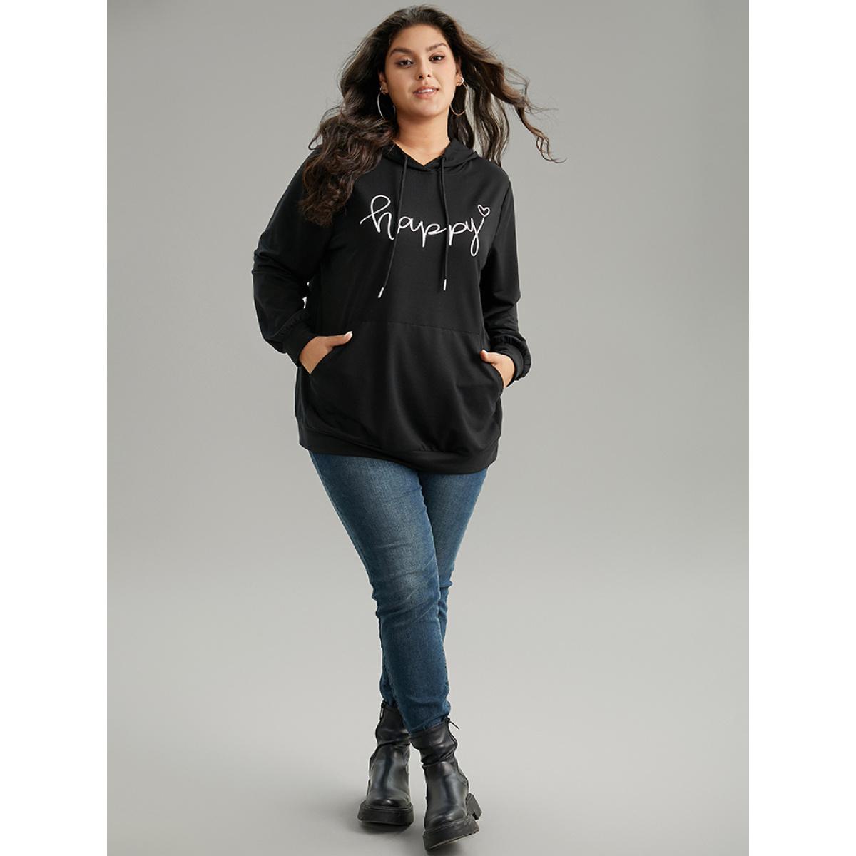 Plus Size Positive Slogans Print Kangaroo Pocket Hooded Sweatshirt Women Black Casual Printed Dailywear Sweatshirts BloomChic 26/4X Product Image