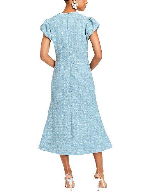 Mestiza New York Perla Tweed Crew Neck Corded Rhinestone Bow Cap Puff Sleeve Midi Dress Product Image