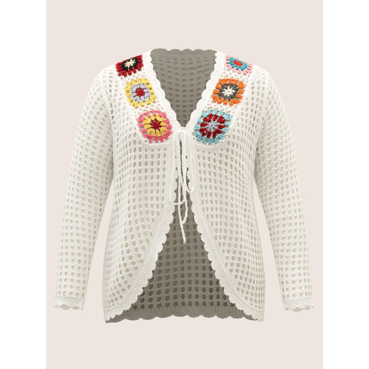 Plus Size Crochet Floral Cut Out Tie Knot Cover Up Ivory Women Vacation Beach Cover Ups Bloomchic 18-20/2X Product Image