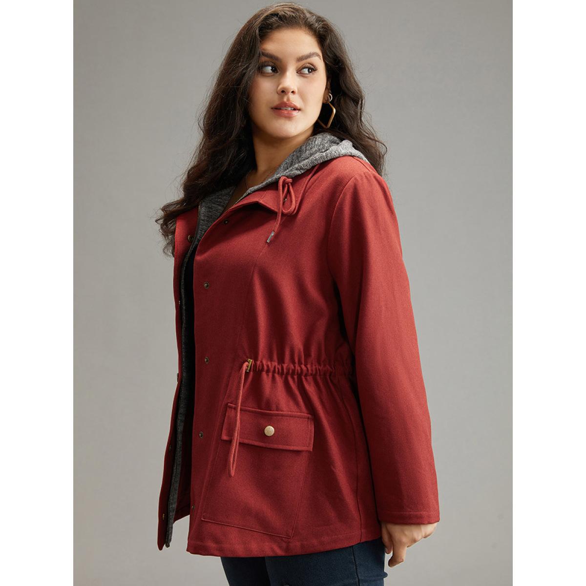 Plus Size Two Tone Hooded Drawstring Zipper Jacket Women Russet Contrast Pocket Everyday Jackets BloomChic 22-24/3X Product Image