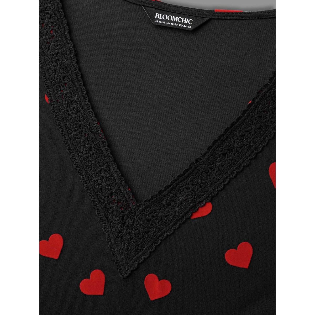 Plus Size Black V-Neck Hearts Mesh Lace Detailing Blouse Women Elegant Elbow-length sleeve V-neck Everyday Blouses BloomChic 14-16/1X Product Image